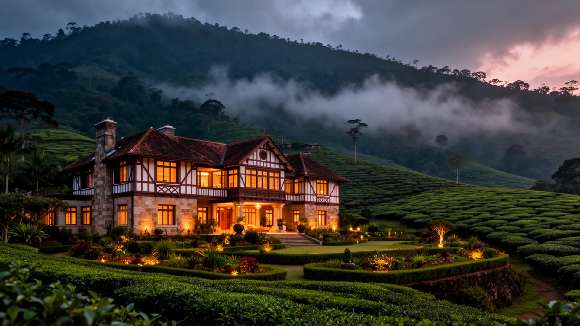 Pedro Barn Hotel at dusk, nestled in the misty highlands of Nuwara Eliya